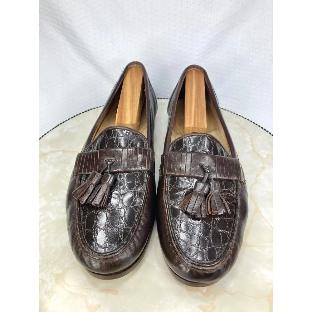Bostonian Italian Leather Tassel Kiltie Loafers Mens 9 Brown Croc Embossed Shoes